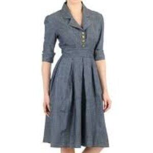 eShakti  Pleat Bib-Front Cotton Chambray Dress sz L 12